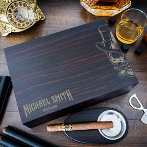 Engraved Cigar Humidor Gift Set with Matching Accessories, Great gift for your groomsmen or cigar lovers.