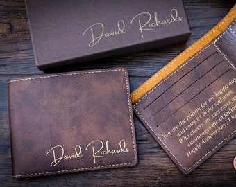 Personalized Slim Wallet for Men, Minimalist Engraved Leather Bifold, Fathers Day Gift for Dad, Anniversary Gift for Husband, Mens Gift