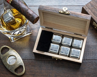 Custom whiskey cubes with a  wooden gift box.