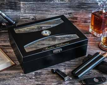 Mirror glass top cigar humidor box - comes with accessories.