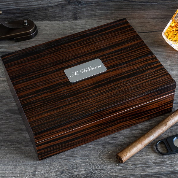 Personalized Cigar Humidor Box, 25-50 Count Exotic Ebony Humidor with Humidifier, Hygrometer and Cigar Cutter.