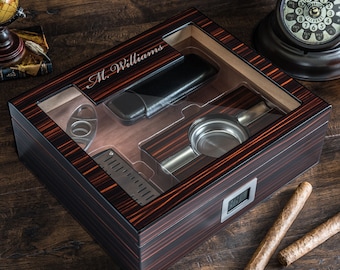 Piano Finish Cigar Humidor Set, Personalized Wedding Gift for Groom, Engraved Cigar Box, Groomsmen Gift, Cigar Lover Gift for Him