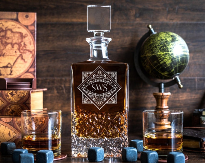 Personalized Whiskey Decanter - engraved decanter - etched decanter set - custom whiskey decanter with optional glasses.