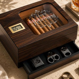 May include: A dark wood cigar humidor with a glass top featuring the white text Happy Retirement Enjoy Your Next Chapter. The humidor includes a gold digital hygrometer displaying 65% humidity and a pull-out drawer containing three cigar cutters.