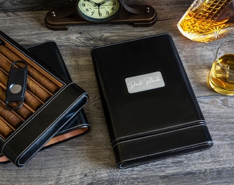Personalized Travel Cigar Humidor, Engraved Leather Cigar Case with Cutter,Custom Cigar Holder for Men, Groomsmen Gift, Gift for Dad Husband