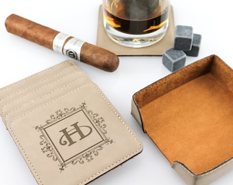 Personalized Tan Leather Coaster Set: Engraved Barware Gift