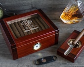 Beveled Glass Top Cigar Humidor - Custom engraved humidor box 50 Ct. 2 Tone Cherry and Rosewood Humidor Set with Ashtray and Cigar Cutter