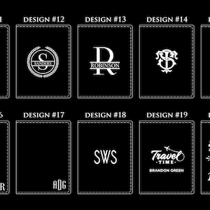 Puede incluir: Veinte dise&ntilde;os diferentes para una cartera de cuero, cada uno con un monograma o gr&aacute;fico &uacute;nico. Los dise&ntilde;os incluyen iniciales, nombres e ilustraciones con tem&aacute;tica de viajes.