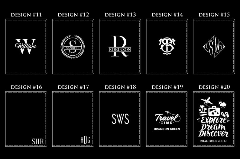 Puede incluir: Veinte dise&ntilde;os diferentes para una cartera de cuero, cada uno con un monograma o gr&aacute;fico &uacute;nico. Los dise&ntilde;os incluyen iniciales, nombres e ilustraciones con tem&aacute;tica de viajes.