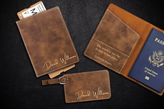 Custom engraved passport cover with optional suitcase tag and gift box.