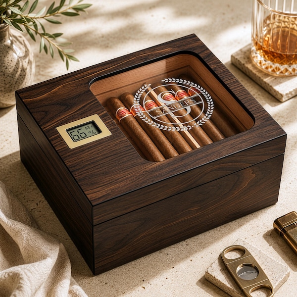 Humidor de puros personalizado con higrómetro digital, caja de puros de nogal grabada, regalo para padrinos de boda, regalo para el padrino, regalo para hombre