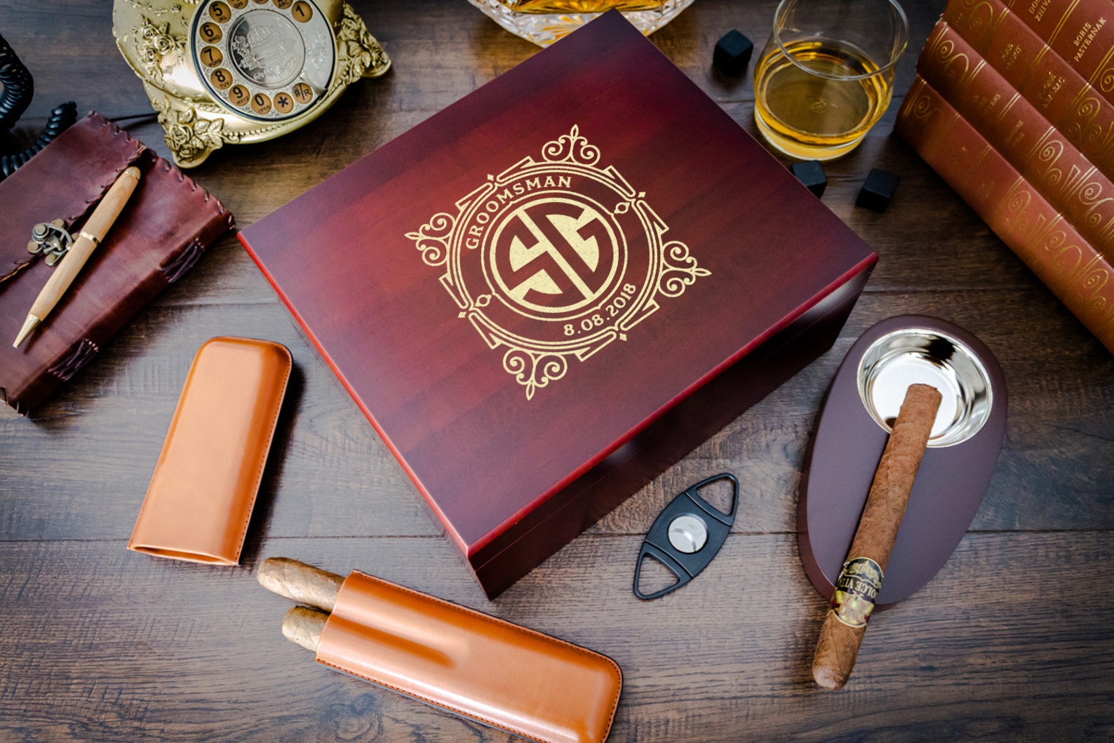 Engraved Cigar Humidor Gift Set with Matching Accessories Etsy