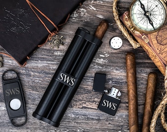 Personalized Cigar Case Set, Engraved Cigar Humidor Case, Groomsmen Cigar Gift, Cigar Lighter Cutter Set, Best Man Gift, Cigar Lover