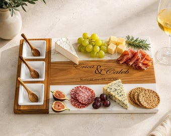 Personalized Charcuterie Board, Marble Acacia Cheese Board Set, Custom Cutting Board, Anniversary Gift for Couple, Wedding Anniversary Gift