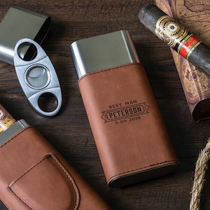 Custom engraved travel cigar case with cutter.