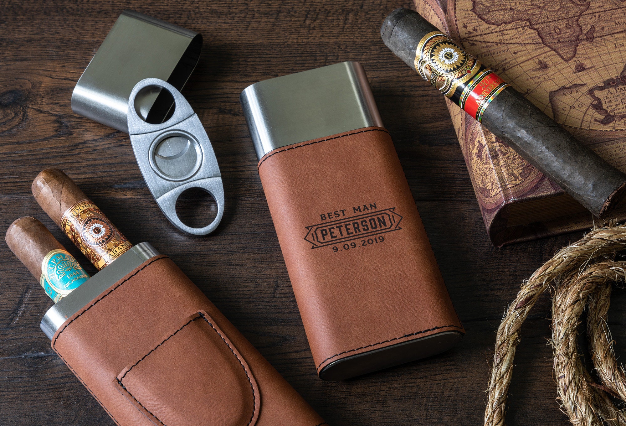 Custom Firefighter Cigar Case with Cutter - Rawhide (Personalized)