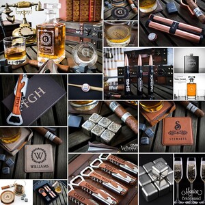 Pu&ograve; includere: Una collezione di regali personalizzati per uomo, tra cui una decanter, bicchieri, sottobicchieri, apribottiglie, accessori per sigari e un set di pietre per whisky. I regali sono incisi con iniziali e nomi.