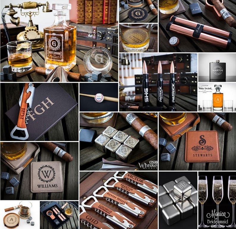 Pu&ograve; includere: Una collezione di regali personalizzati per uomo, tra cui una decanter, bicchieri, sottobicchieri, apribottiglie, accessori per sigari e un set di pietre per whisky. I regali sono incisi con iniziali e nomi.
