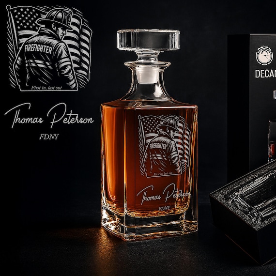 Engraved whiskey decanter set personalized for firefighters — a retirement gift that actually nails the 'meaningful + useful' combo.