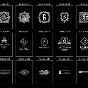 May include: Fifteen different designs for a personalized engraved gift. Each design features a monogram, name, and optional text. The designs are in black and white and are displayed on a black background.