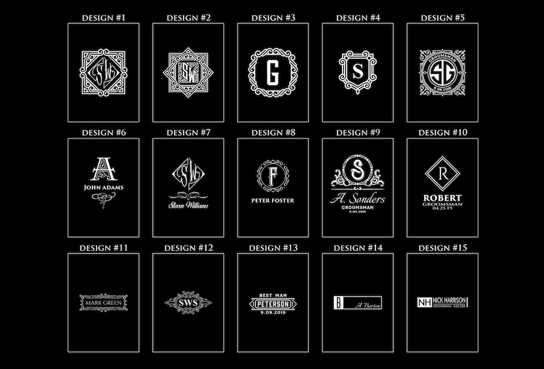 May include: Fifteen different designs for a personalized engraved gift. Each design features a monogram, name, and optional text. The designs are in black and white and are displayed on a black background.