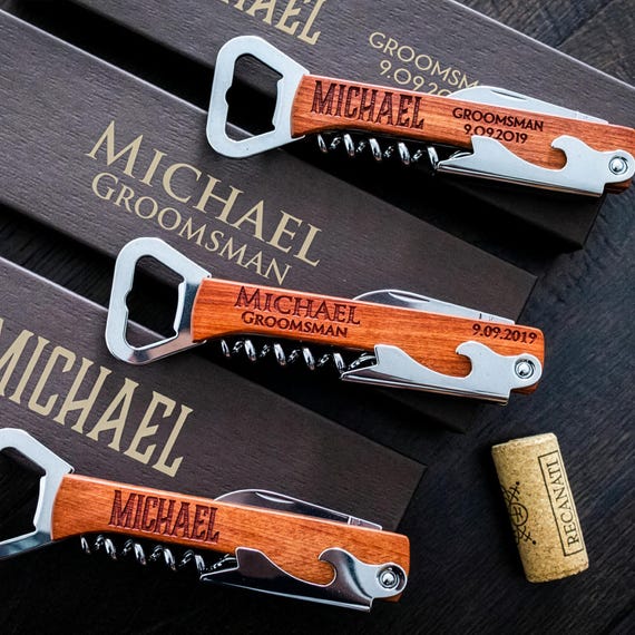 Personalized Bottle Opener, Engraved Rosewood Corkscrew, Groomsmen Gift, Wedding Party Favor, Bridesmaid Gift, Best Man Gift