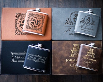 Leather flask gift set, Personalized flask is a great bachelor party gift for your groomsmen , friends or family members.