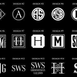 Pu&ograve; includere: Quindici diversi design di monogrammi per un regalo personalizzato. I design presentano diverse combinazioni di lettere e stili, tra cui una forma di diamante, un cerchio e un quadrato.