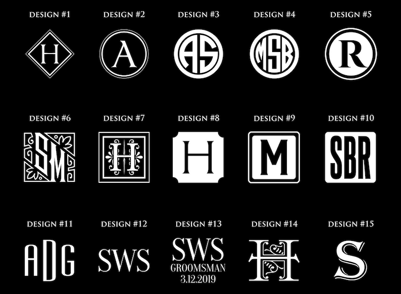 Pu&ograve; includere: Quindici diversi design di monogrammi per un regalo personalizzato. I design presentano diverse combinazioni di lettere e stili, tra cui una forma di diamante, un cerchio e un quadrato.