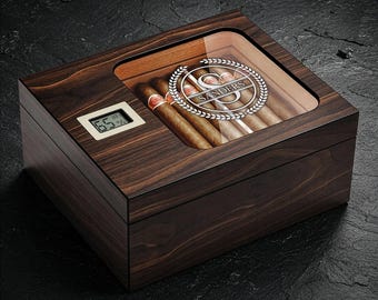 Personalized Cigar Humidor with Digital Hygrometer, Engraved Walnut Cigar Box, Fathers Day Gift for Him, Groomsmen Wedding Gift, Mens Gift