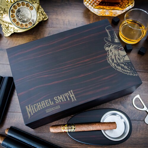 Engraved Cigar Humidor Gift Set shops with Matching Accessories, Great gift for your groomsmen or cigar lovers.