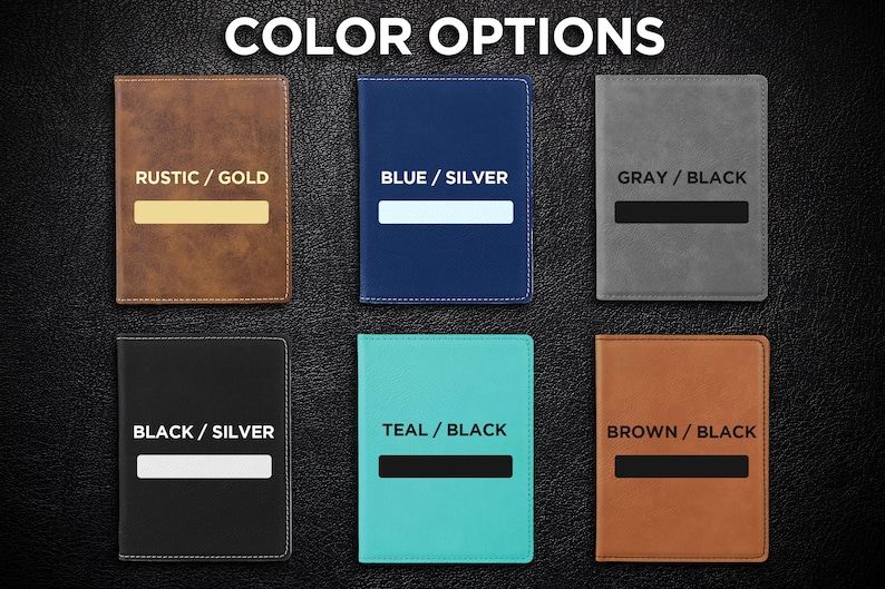 Puede incluir: Seis opciones de color diferentes para un portapasaporte. Los colores son oro r&uacute;stico, azul plata, gris negro, negro plata, azul turquesa negro y marr&oacute;n negro.