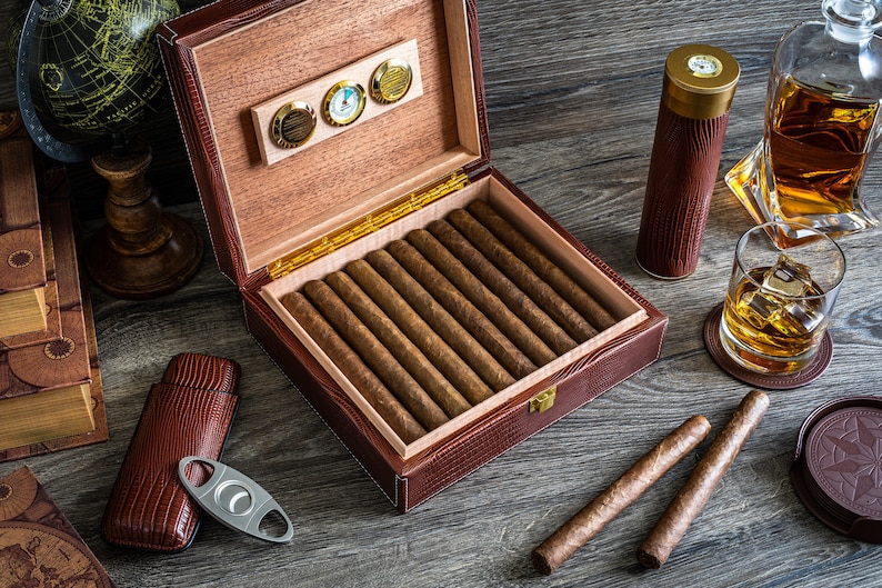 Personalized leather humidor box gift set with matching Etsy