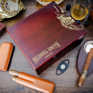 Personalized cigars humidor box with matching accessories and unique designs.