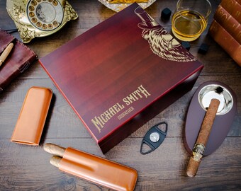 Engraved Cigar Humidor Gift Set with Matching Accessories, Great gift for your groomsmen or cigar lovers.