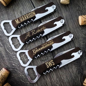 Personalized Wine and Beer Bottle Opener, Engraved Corkscrew with Leather Handle, Custom Groomsmen Gift, Wedding Party Favor, Gift for Him