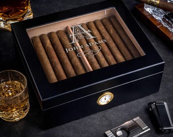 Custom Engraved Glass Top Cigars Humidor Box - 2 Different Colors and Sizes