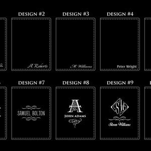 Puede incluir: Diez dise&ntilde;os diferentes para una cartera de cuero con varios nombres e iniciales. Los dise&ntilde;os son en blanco sobre fondo negro.