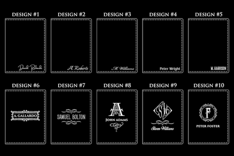 Puede incluir: Diez dise&ntilde;os diferentes para una cartera de cuero con varios nombres e iniciales. Los dise&ntilde;os son en blanco sobre fondo negro.