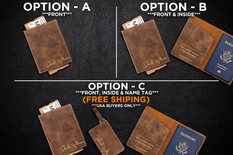 Puede incluir: Tres opciones para un portapasaporte personalizado. La opci&oacute;n A incluye personalizaci&oacute;n en la parte delantera. La opci&oacute;n B incluye personalizaci&oacute;n en la parte delantera y en el interior. La opci&oacute;n C incluye personalizaci&oacute;n en la parte delantera, en el interior y una etiqueta con el nombre. La opci&oacute;n C incluye env&iacute;o gratuito para compradores de EE. UU. solamente.