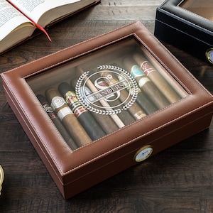 Leather Glass Top Cigar Humidor Box - Comes in Brown or Black color.