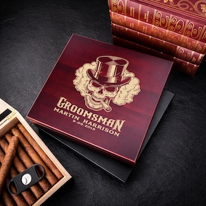 Personalized Cigar Box, Engraved Groomsmen Humidor Box, Cigar Humidor Gift, Best Man Gift, Skull Cigar Gift, Bachelor Party Cigar Gift
