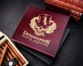 Personalized Cigar Box, Engraved Groomsmen Humidor Box, Cigar Humidor Gift, Best Man Gift, Skull Cigar Gift, Bachelor Party Cigar Gift
