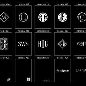 May include: Thirty different monogram designs for a personalized gift. Each design features a different font and style, including classic, modern, and script.