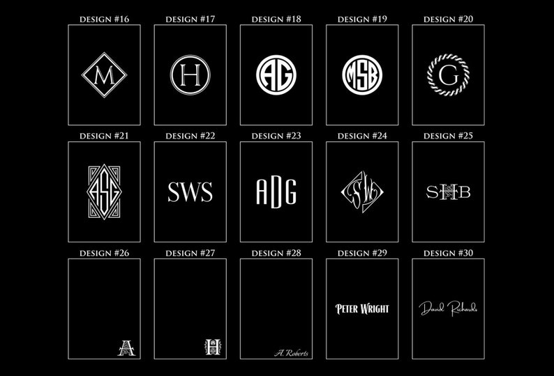 May include: Thirty different monogram designs for a personalized gift. Each design features a different font and style, including classic, modern, and script.