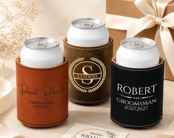 Personalized Groomsmen Can Cooler, Custom Leather Beer Holder, Best Man Gift, Groomsman Proposal, Wedding Party Gift