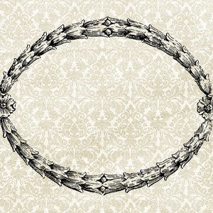 Könnte beinhalten: Ein schwarzer und weißer ovaler Rahmen mit einem floralen Design. Der Rahmen befindet sich auf einem weißen Hintergrund mit einem dezenten Muster.