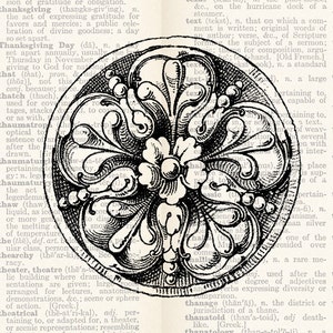 May include: A black and white illustration of a decorative design with a floral motif. The design is symmetrical and features intricate details, including swirls, leaves, and flowers.