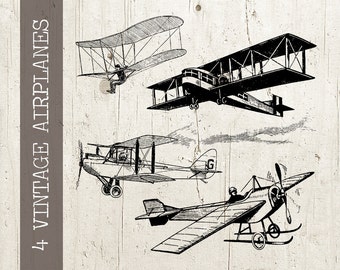 Airplanes Collage Sheet 4 Vintage Planes Digital Illustration Vector Graphics - Plus Background - .png and .ai INSTANT Download