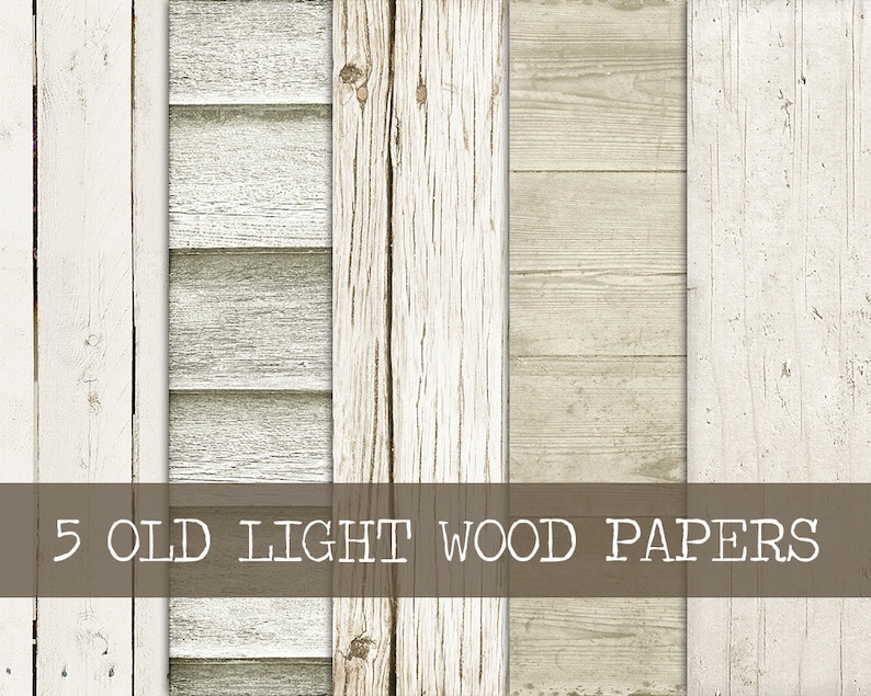 May include: Five different wood textures in light shades of white and beige. The wood planks are arranged vertically and horizontally. The text "5 OLD LIGHT WOOD PAPERS" is at the bottom of the image.